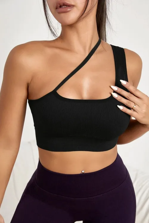 ieg™ Kadın Siyah Tek Omuzlu Çapraz Askılı Crop Top Büstiyer