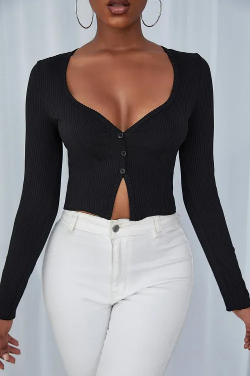 ieg™ Kadın Siyah Uzun Kollu Düğmeli Göğüs ve Göbek Dekolteli Crop Top Bluz