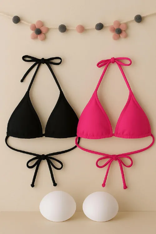 ieg™ Kadın Siyah ve Fuşya Minimal Kesim Üçgen Bikini Üstü