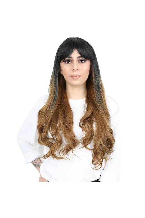 Kahküllü Uzun Dalgalı Fiber Sentetik Peruk - Siyah / Karamel Ombreli