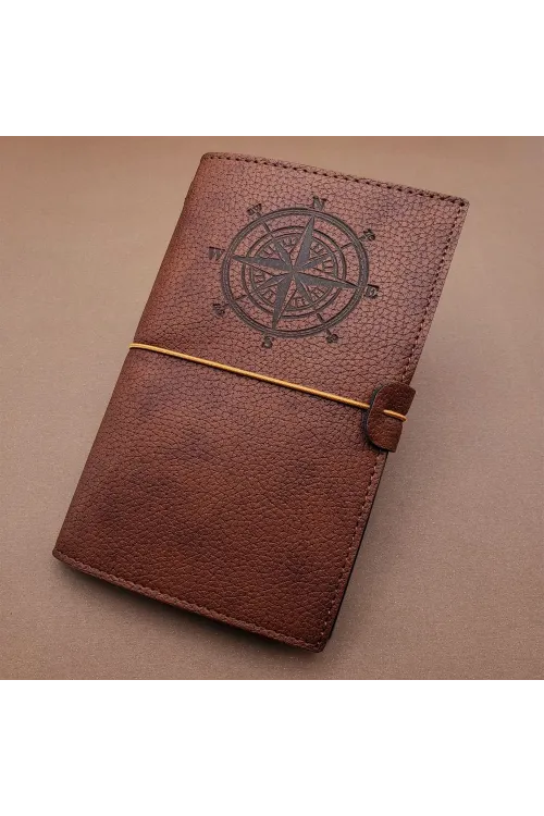 Kahverengi Pusula Temalı Deri Defter
