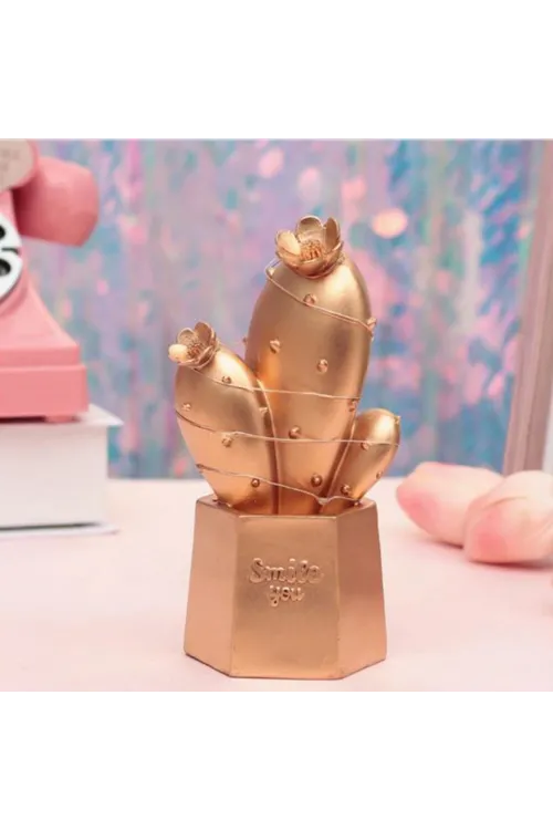 ieg™  Led Işıklı Sevimli Kaktüs Dekoratif Masa Lambası Mini Biblo Gece Lambası Gold