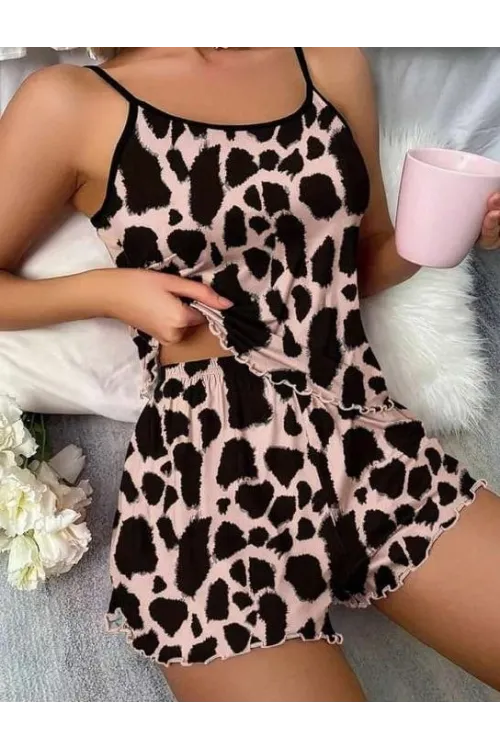 Leopar Desenli Askılı Şortlu Pijama Takımı