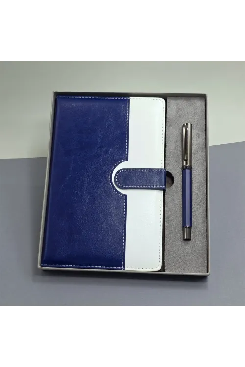 Mavi Beyaz Deri Kapaklı Defter Ve Metal Kalem Set