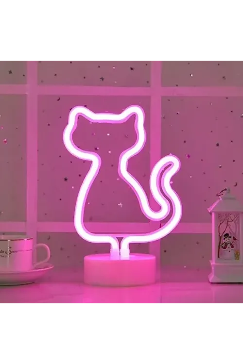 Neon Kedi Masa Gece Lambası Pembe Işık
