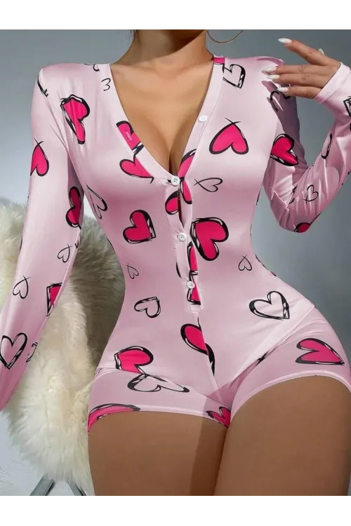 Pamuklu Pembe Kalp Desenli Düğmeli Uzun Kol Tulum Pijama