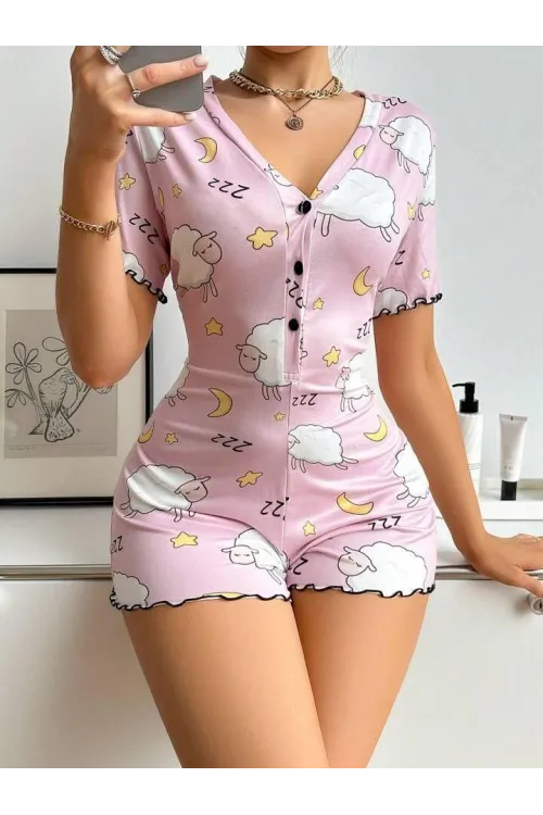 Pamuklu Pembe Kuzu Desenli Düğmeli Uzun Kol Tulum Pijama
