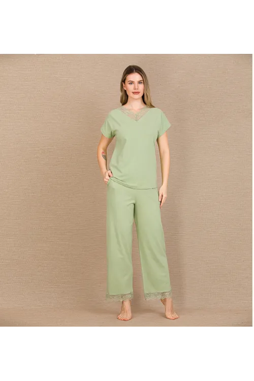 Pamuklu Şık Tasarım Dantel İşlemeli Yeşil Kısa Kol Pijama Takımı