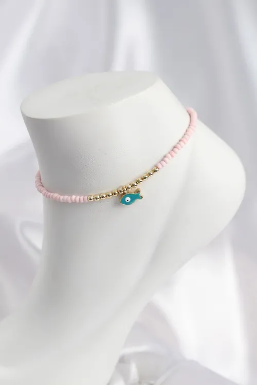 Pembe Renk Boncuklu Balık Figürlü Halhal TJ-HH1685