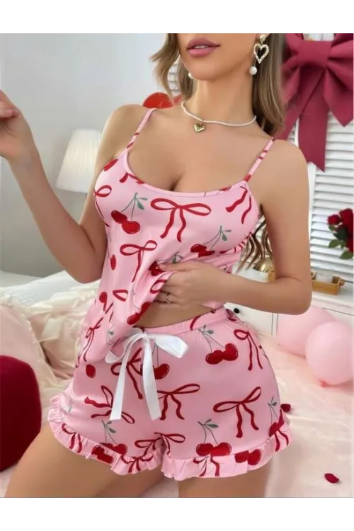 Pembe Üstüne Kiraz Desenli Askılı Şortlu Pijama Takımı