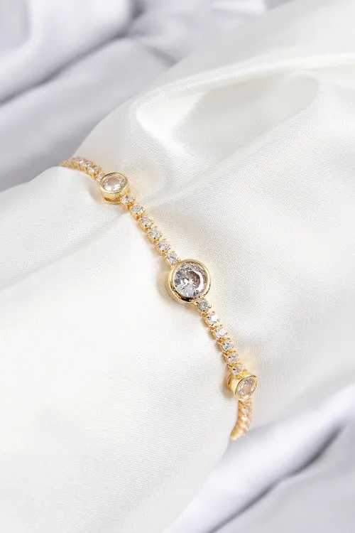 Pirinç Zirkon Taşlı Daire Model Gold Renk Asansörlü Kadın Bileklik TJ-BB7733