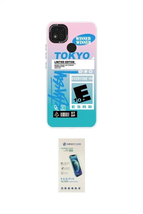 ieg™ Redmi 9C Kılıf Siluet Çizgi Koleksiyonu - Şeffaf Pasifik Cam Ekran Koruyucu