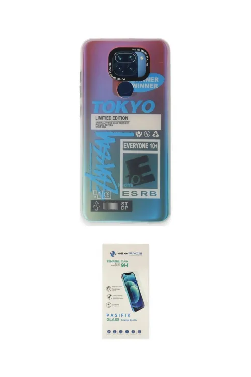 ieg™ Redmi Note 9 Kılıf Siluet Çizgi Koleksiyonu - Şeffaf Pasifik Cam Ekran Koruyucu