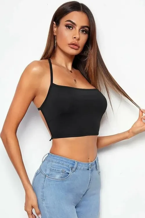  Kadın Sırtı Açık Siyah Belden Bağlamalı Crop Büstiyer IEG5441