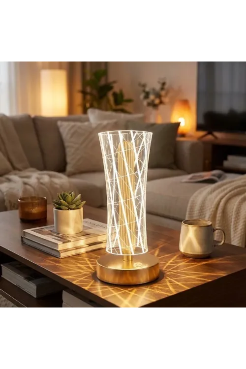 ieg™  Silindirik Kristal Çizgi Model LED Masa Lambası – Gold Tabanlı, Dokunmatik, 3 Renk Işık Modlu, Şarjlı Modern Dekoratif Gece Lambası
