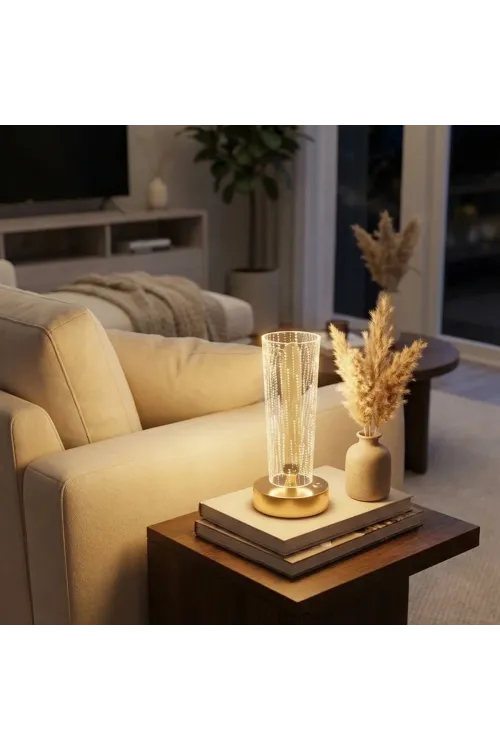 Silindirik Kristal Nokta Model LED Masa Lambası – Gold Tabanlı, Dokunmatik, 3 Renk Işık Modlu, Şarjlı Modern Dekoratif Gece Lambası