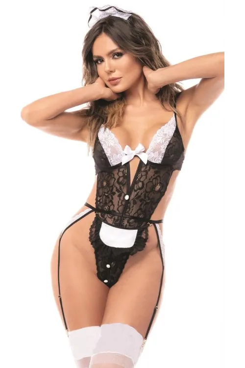 Siyah Dantelli Fantezi Body Hizmetçi Kostümü