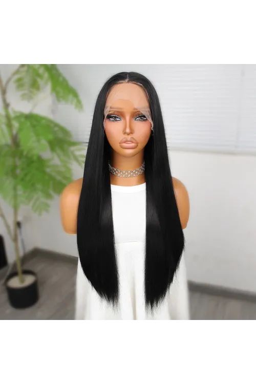 Siyah Fiber Sentetik Düz Tül Peruk