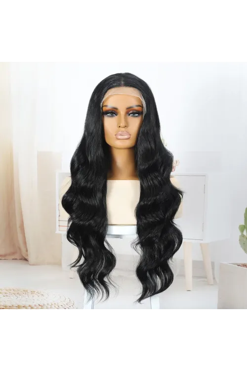Siyah Fiber Sentetik Su Dalgalı Tül Peruk
