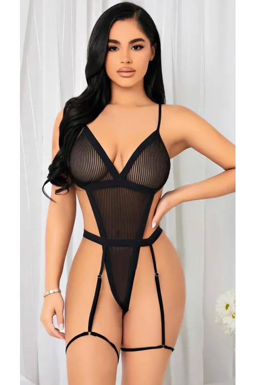 Siyah İp Detaylı Tül Fantezi Body