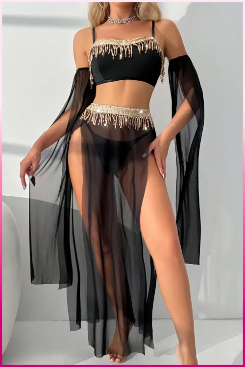 ieg™ Siyah Pul Aksesuarlı Tül Etekli Kadın Seksi Gecelik