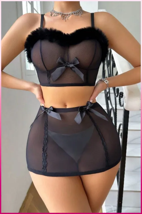 ieg™ Siyah Tül Kurdele Detaylı Seksi İç Giyim Seti