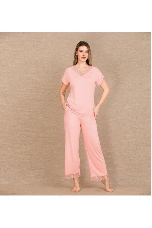 Viskon Şık Tasarım Dantel İşlemeli Açık Pembe Kısa Kol Pijama Takımı