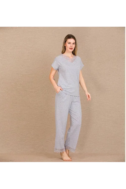 Viskon Şık Tasarım Dantel İşlemeli Gri Kısa Kol Pijama Takımı