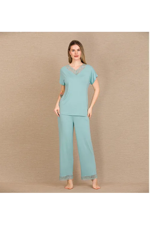 Viskon Şık Tasarım Dantel İşlemeli Mint Yeşil Kısa Kol Pijama Takımı