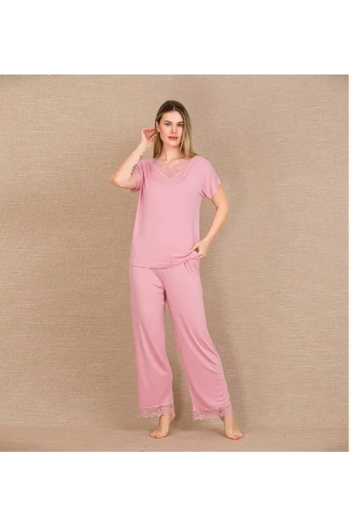 Viskon Şık Tasarım Dantel İşlemeli Pembe Kısa Kol Pijama Takımı