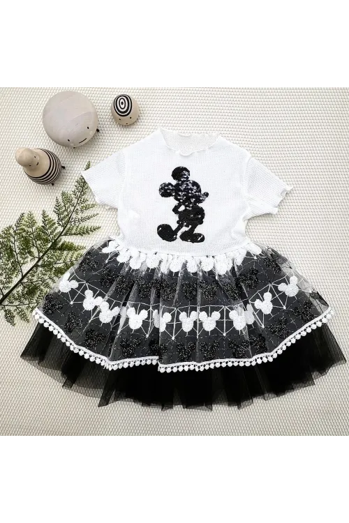 1-2-3 Yaş Payetli Mickey Baskılı Brode Etekli Kız Bebek Elbisesi