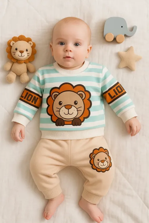 iegiyim™ Aslan Desenli 2li % 100 Pamuk Erkek Bebek Takımı