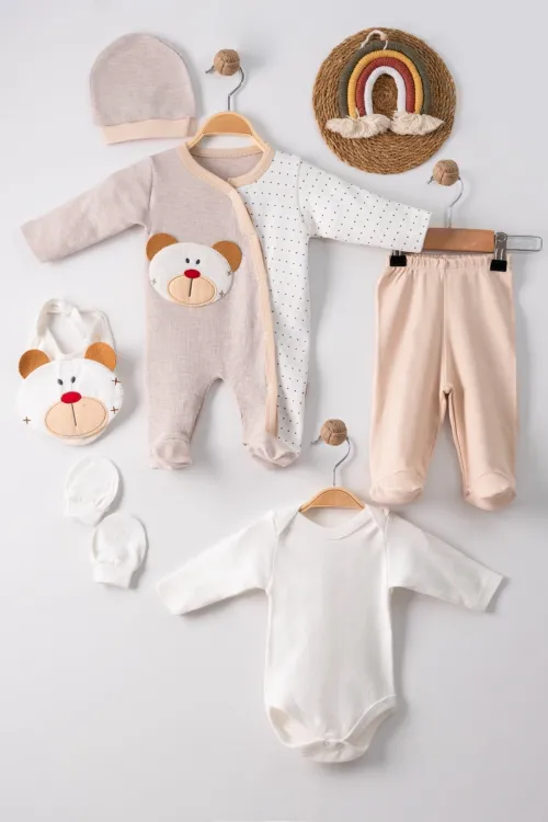 iegiyim™ Ayıcık Nakışlı Tulumlu % 100 Pamuk Erkek Bebek 5li Set