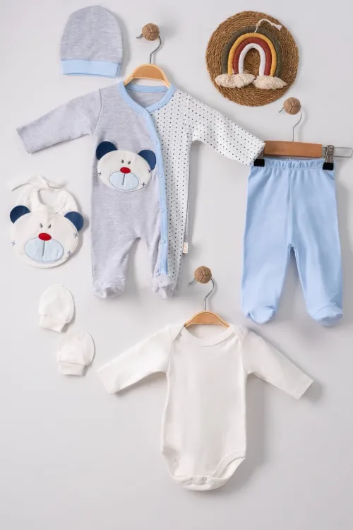 iegiyim™ Ayıcık Nakışlı Tulumlu % 100 Pamuk Erkek Bebek 5li Set
