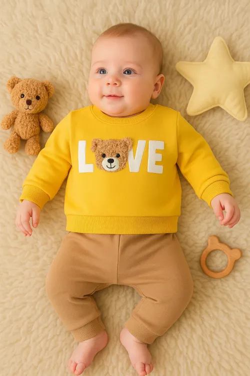 iegiyim™ Bear Love Nakışlı % 100 Pamuklu 2li Erkek Takım