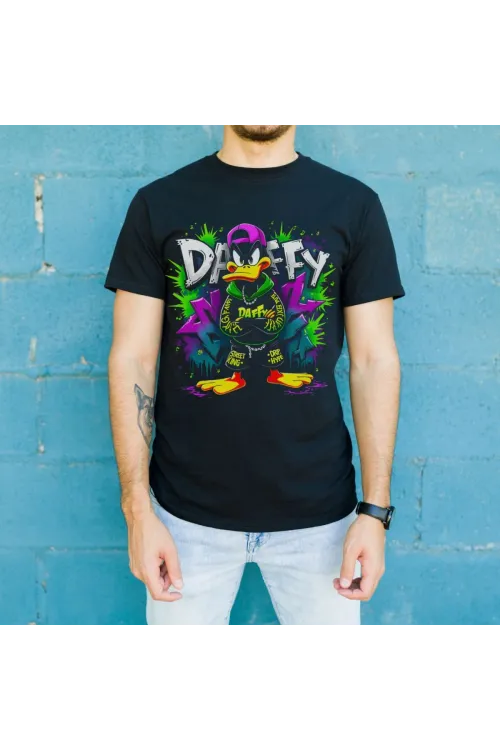 Daffy Duck Graffiti Baskılı Unisex Siyah Tişört - 24/1 Penye Pamuklu