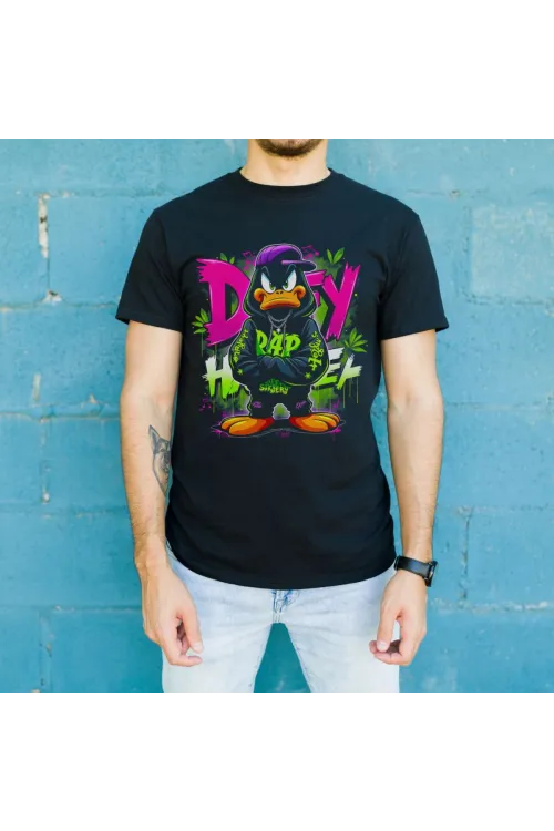Daffy Duck Graffiti Baskılı Unisex Siyah Tişört - 24/1 Penye Pamuklu
