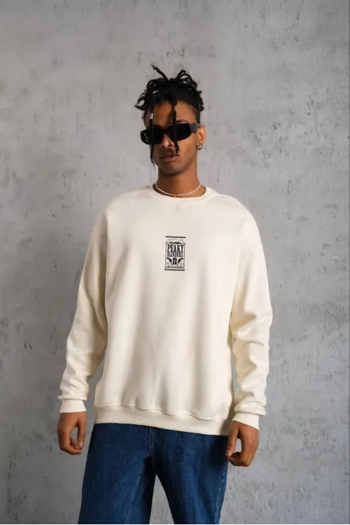 ERKEK 3 İplik Pamuklu Bisiklet Yaka Baskılı Oversize Sweatshirt - Beyaz