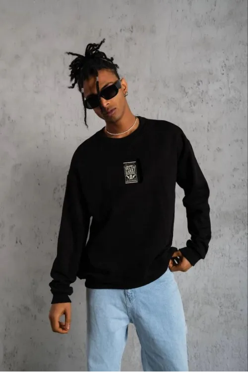 ERKEK 3 İplik Pamuklu Bisiklet Yaka Baskılı Oversize Sweatshirt - Siyah