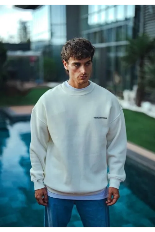 Erkek 3 iplik pamuklu Bisiklet Yaka Baskılı SweatShirt - Beyaz