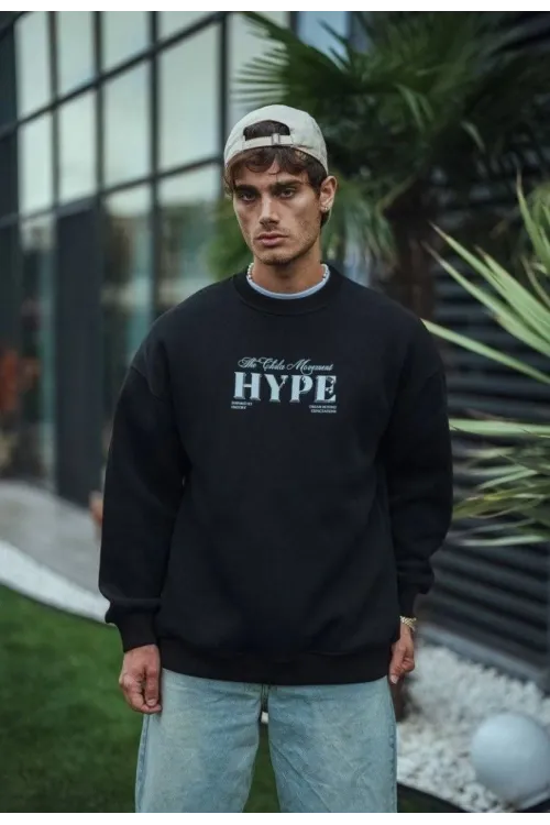 Erkek 3 İplik Pamuklu Bisiklet Yaka Baskılı SweatShirt - Siyah