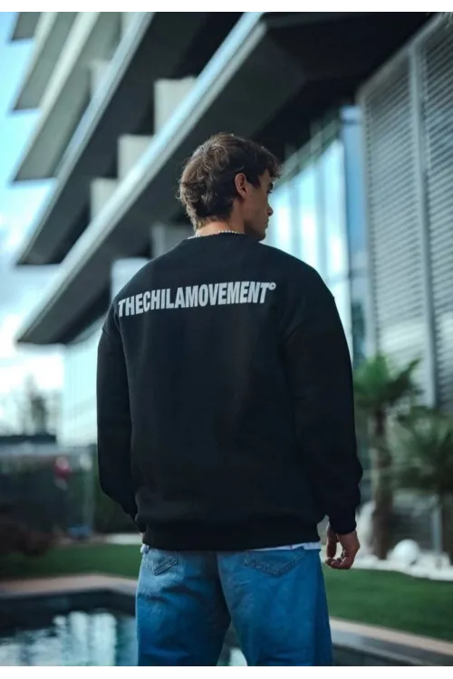 Erkek 3 iplik Pamuklu Bisiklet Yaka Oversize Baskılı SweatShirt - Siyah