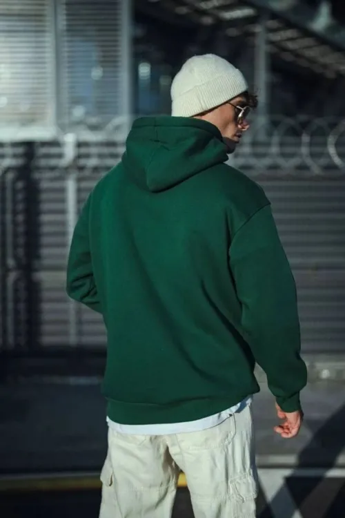 Erkek 3 İplik Pamuklu Kapüşonlu Basic SweatShirt Hoodie - Haki