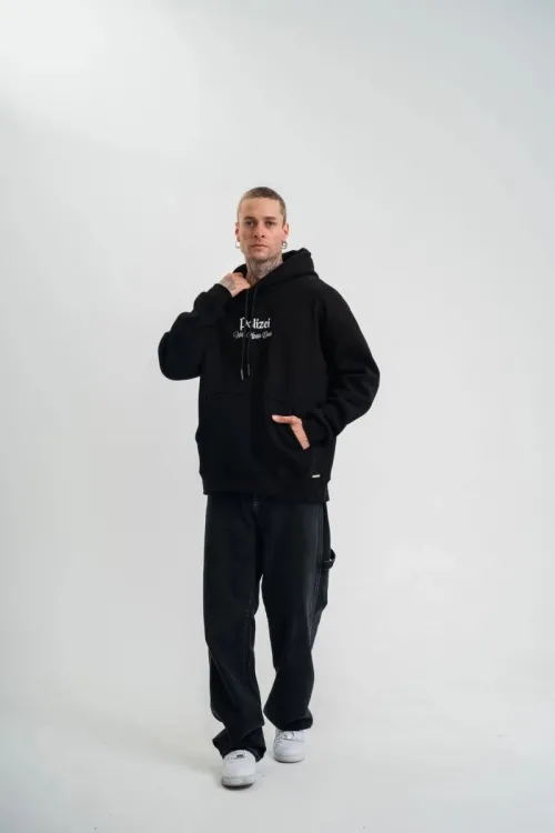 Erkek 3 İplik Pamuklu Kapüşonlu Baskılı Cepli Oversize Sweatshirt Hoodie - Siyah