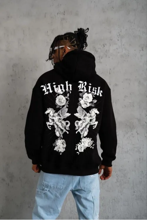 Erkek 3 İplik Pamuklu Kapüşonlu Baskılı Cepli Oversize Sweatshirt Hoodie - Siyah