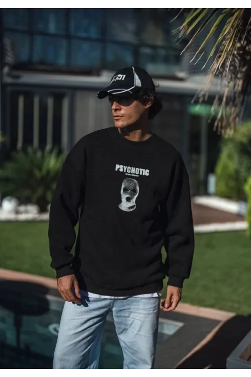 Erkek 3 iplik pamuklu Kışlık Bisiklet Yaka Baskılı SweatShirt - Siyah