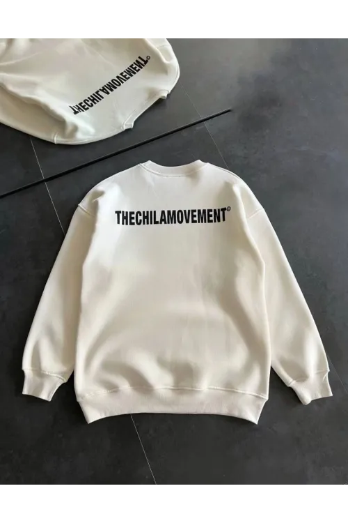 Erkek 3 iplik pamuklu Kışlık Bisiklet Yaka Oversize Baskılı SweatShirt - Beyaz
