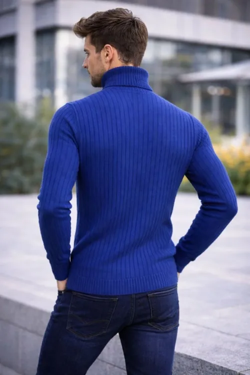 Erkek Balıkçı Yaka Boğazlı Triko Kazak Kalın Fitilli Regular Fit - İndigo