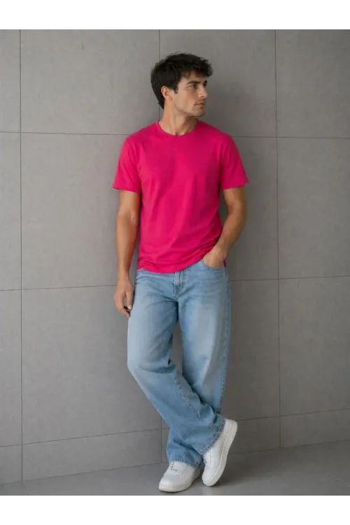 Erkek Basic Pamuklu Tişört Bisiklet Yaka Düz Renk Regular Fit T-Shirt - Fuşya