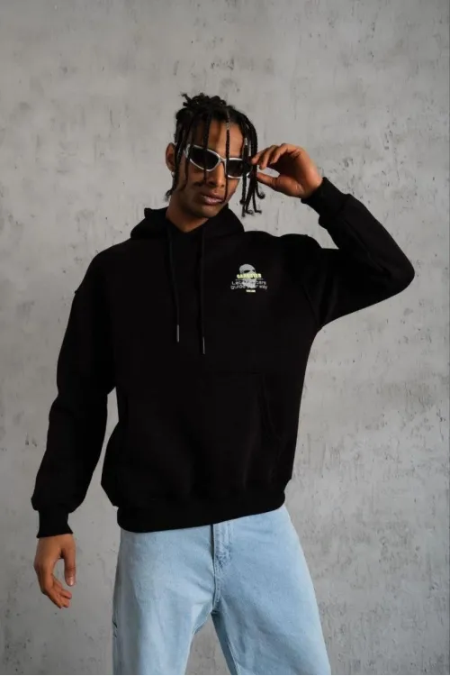 Erkek Baskılı Kapüşonlu 3 iplik pamuklu hoodie Sweatshirt - Siyah